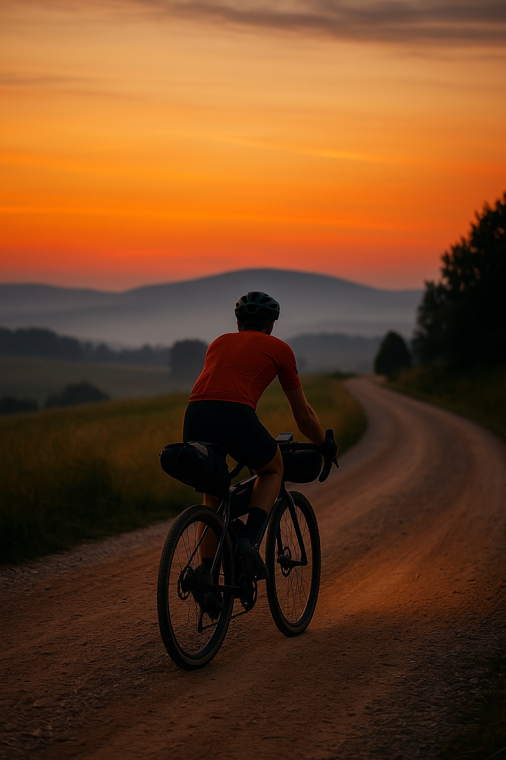 A bikepacker riding a gravel road at sunset