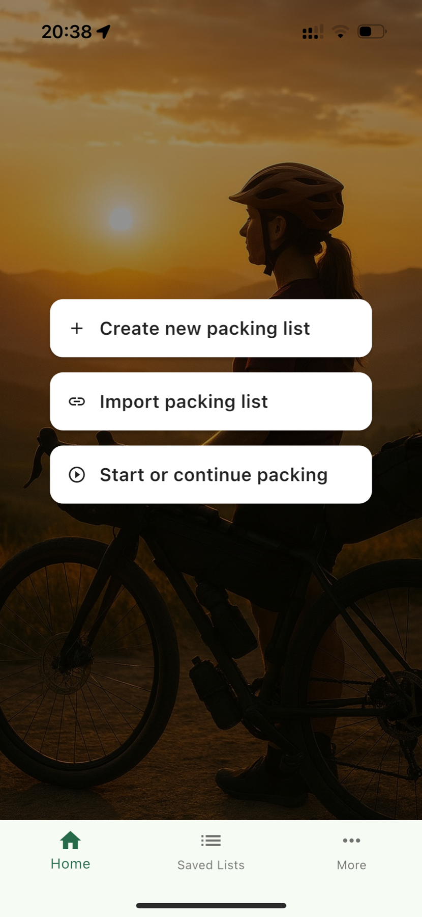 Bikepacking Packlist home screen