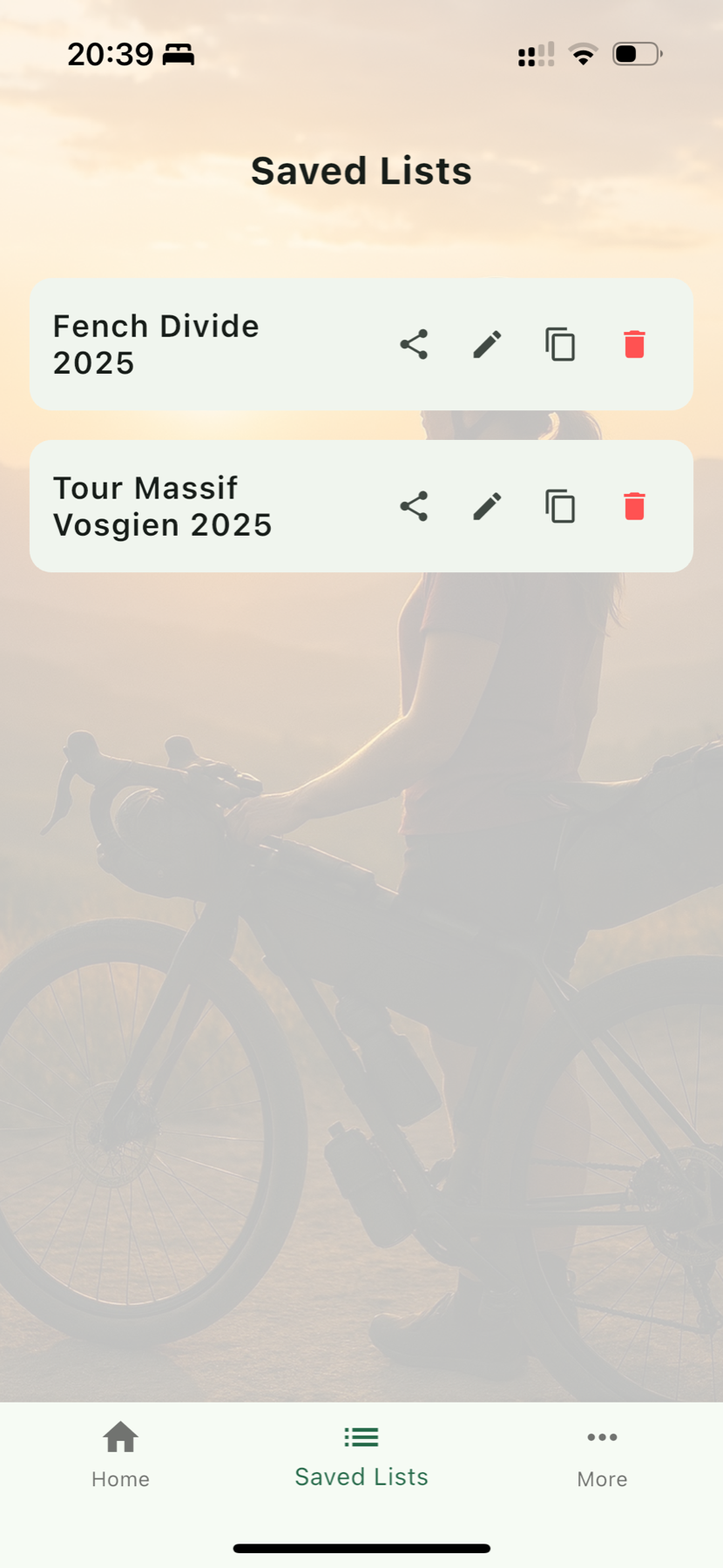 Saved bikepacking lists in the app