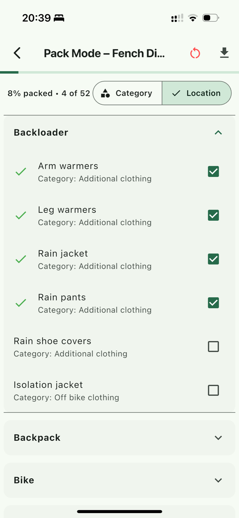 Bikepacking Packlist packing mode